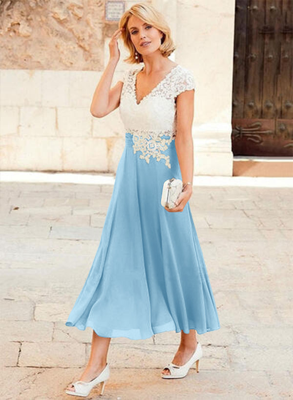 A-Line V-Neck Tea-Length Chiffon Mother Of The Bride Dresses With Appliques Lace