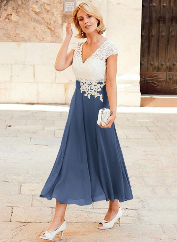 A-Line V-Neck Tea-Length Chiffon Mother Of The Bride Dresses With Appliques Lace