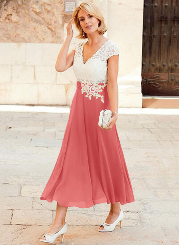 A-Line V-Neck Tea-Length Chiffon Mother Of The Bride Dresses With Appliques Lace