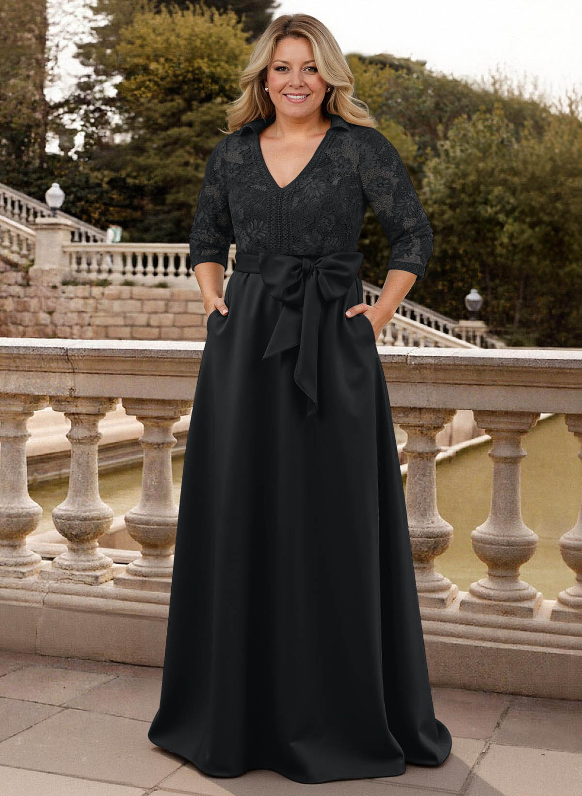 Classic V-Neck Bow Accented Satin Mother Of The Bride Dresses With Lace