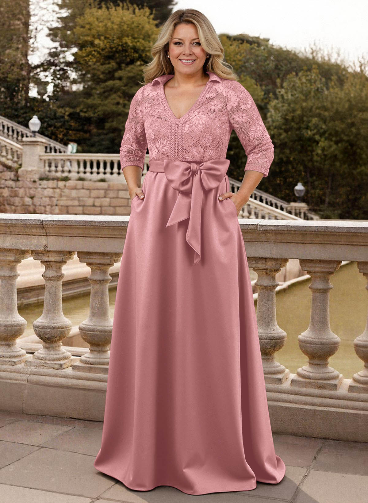 Classic V-Neck Bow Accented Satin Mother Of The Bride Dresses With Lace