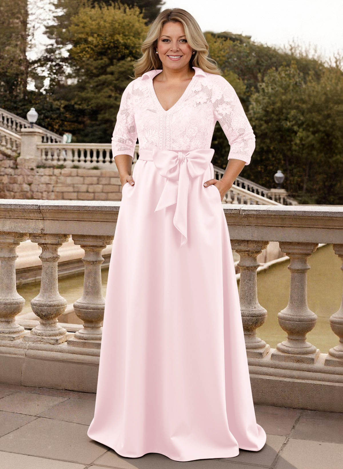 Classic V-Neck Bow Accented Satin Mother Of The Bride Dresses With Lace