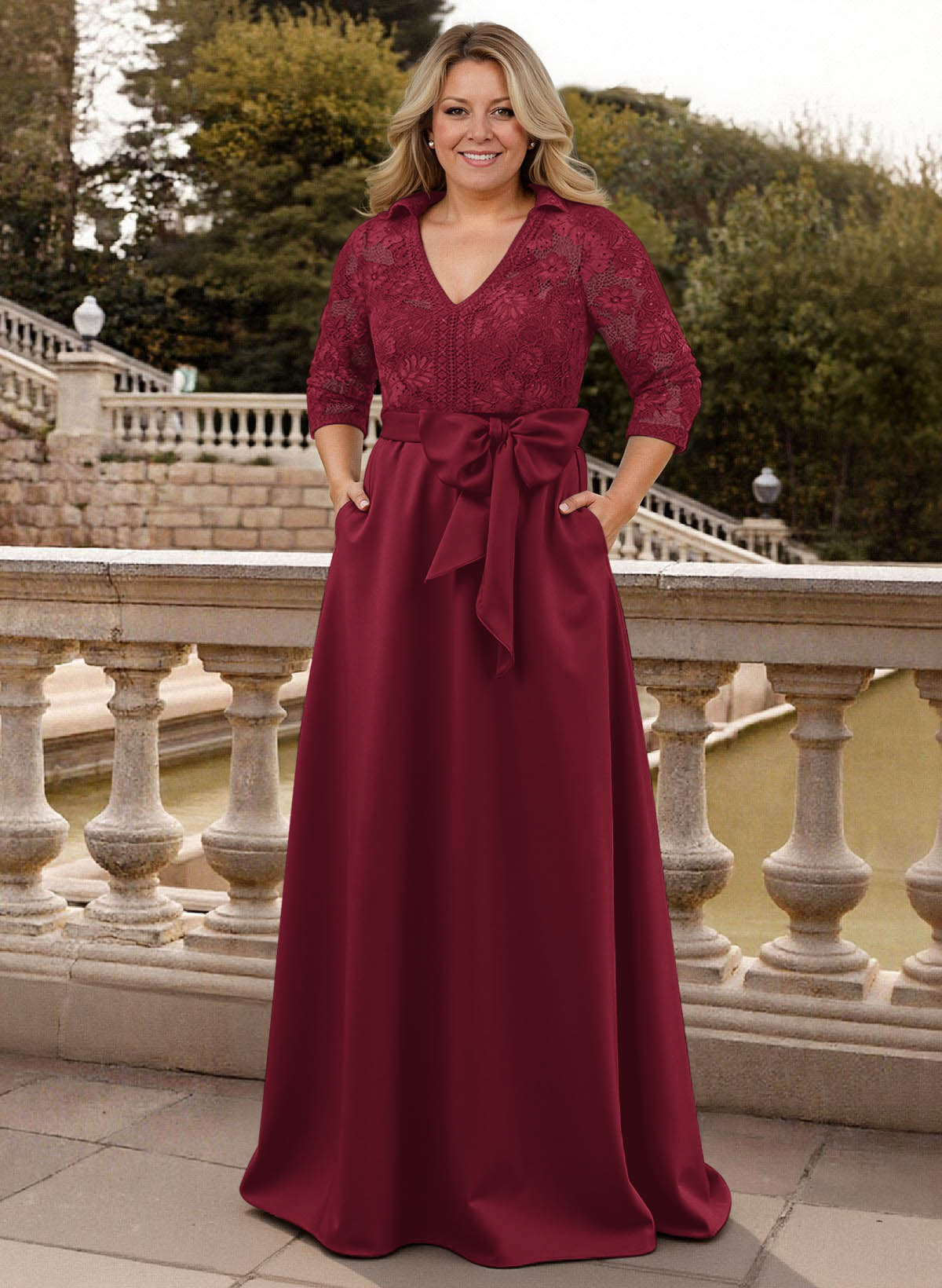 Classic V-Neck Bow Accented Satin Mother Of The Bride Dresses With Lace