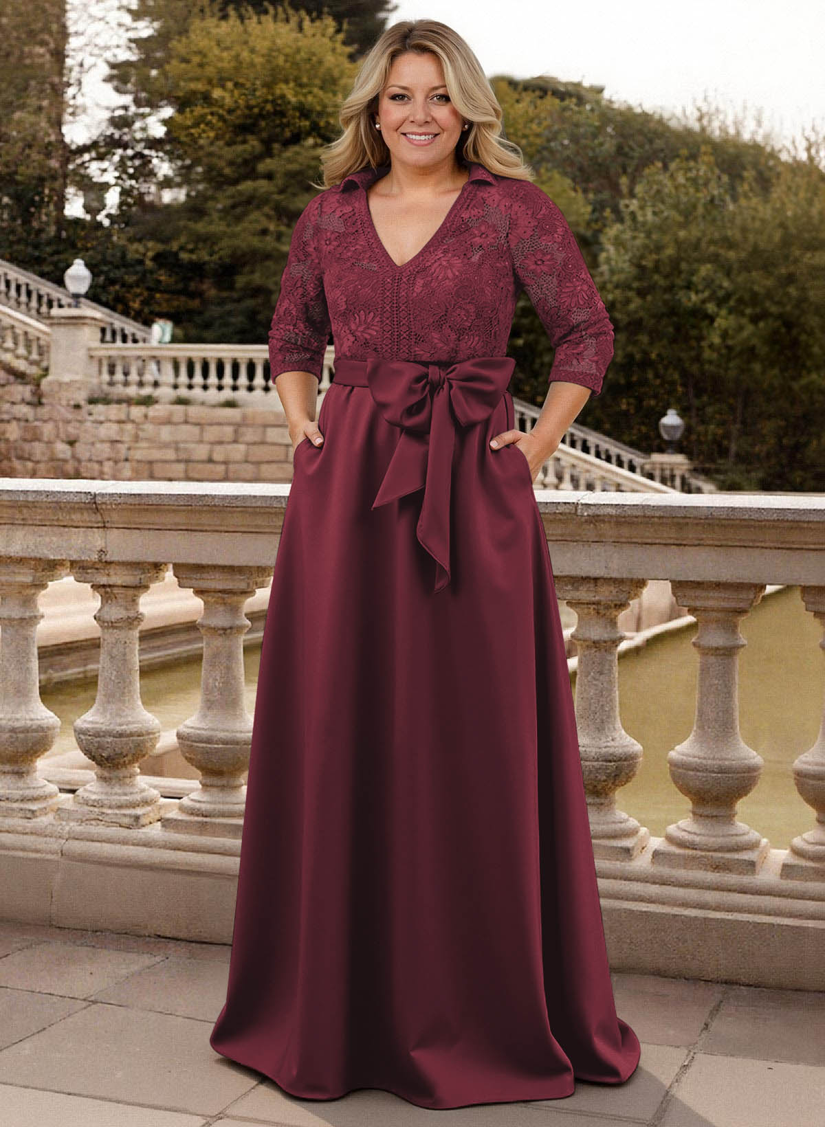 Classic V-Neck Bow Accented Satin Mother Of The Bride Dresses With Lace
