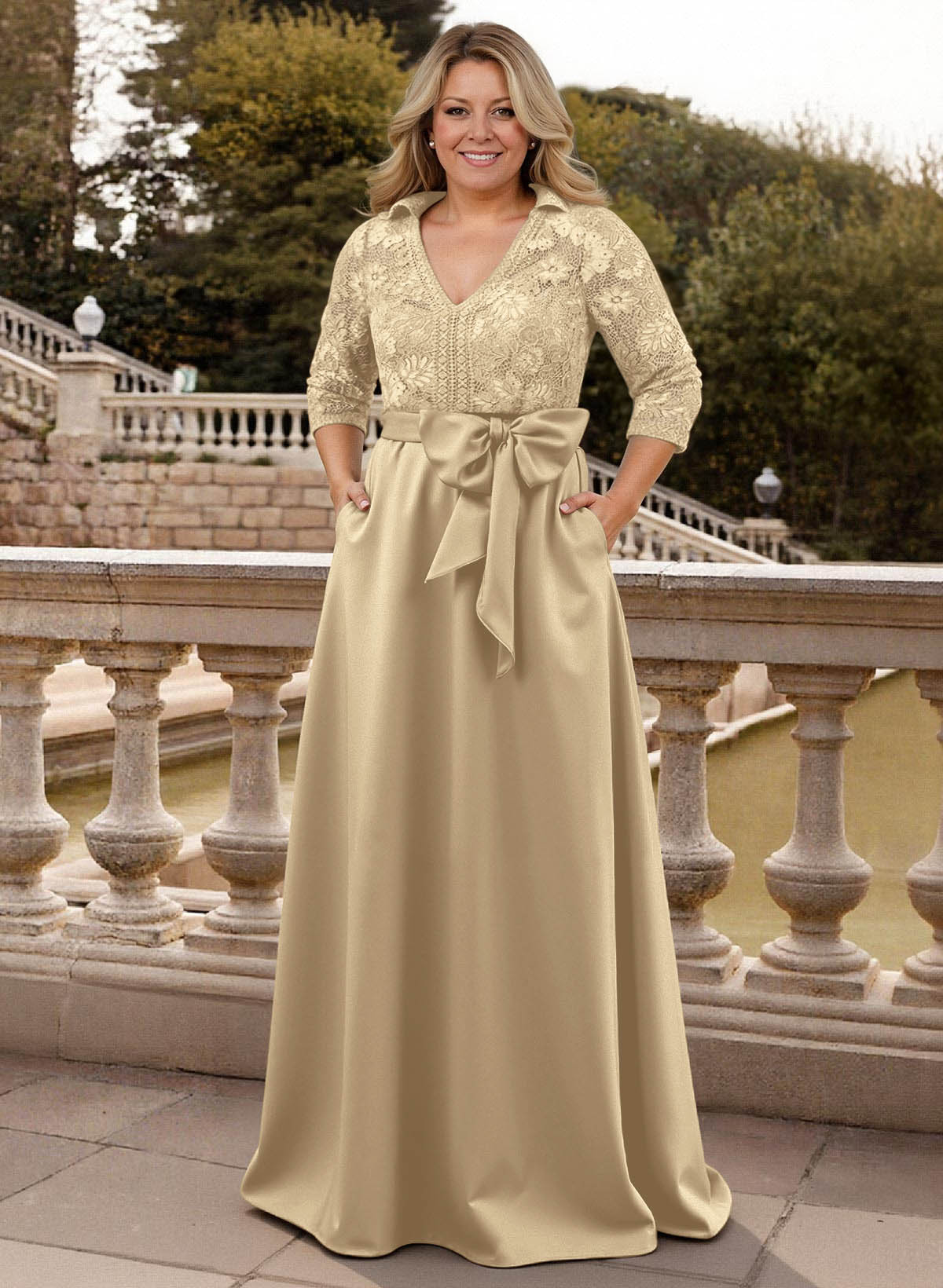 Classic V-Neck Bow Accented Satin Mother Of The Bride Dresses With Lace