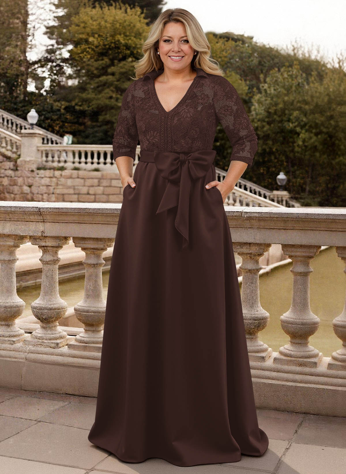 Classic V-Neck Bow Accented Satin Mother Of The Bride Dresses With Lace
