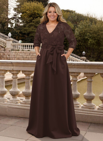 Classic V-Neck Bow Accented Satin Mother Of The Bride Dresses With Lace
