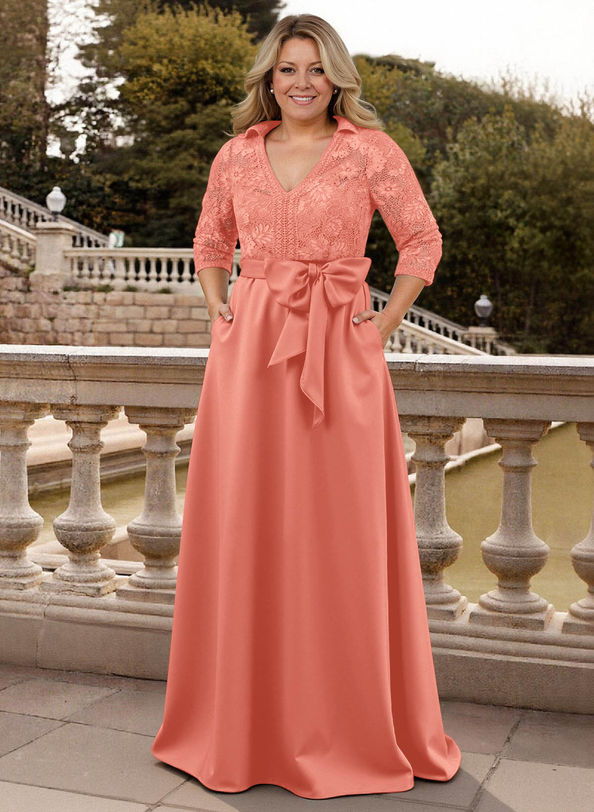 Classic V-Neck Bow Accented Satin Mother Of The Bride Dresses With Lace