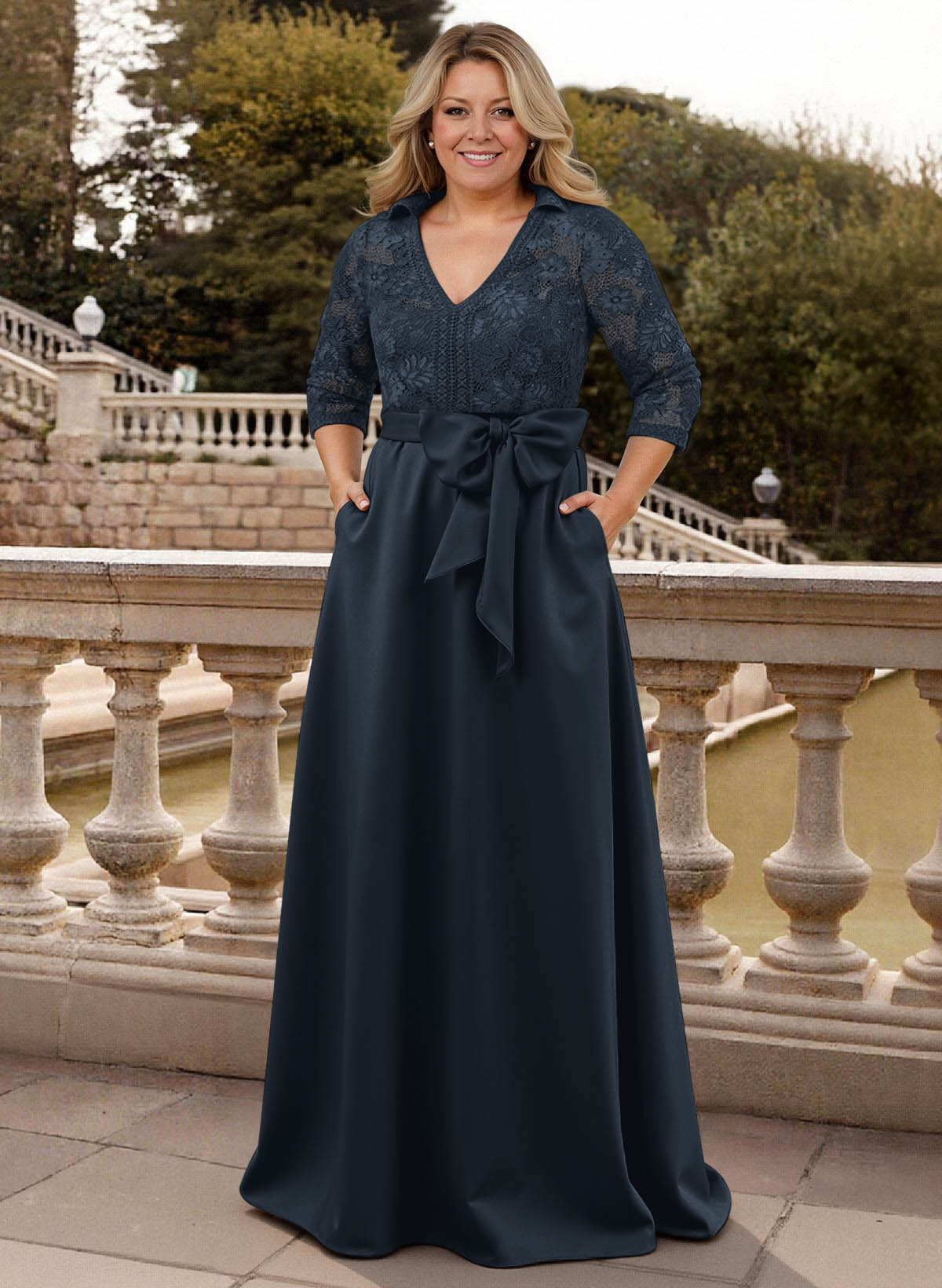 Classic V-Neck Bow Accented Satin Mother Of The Bride Dresses With Lace