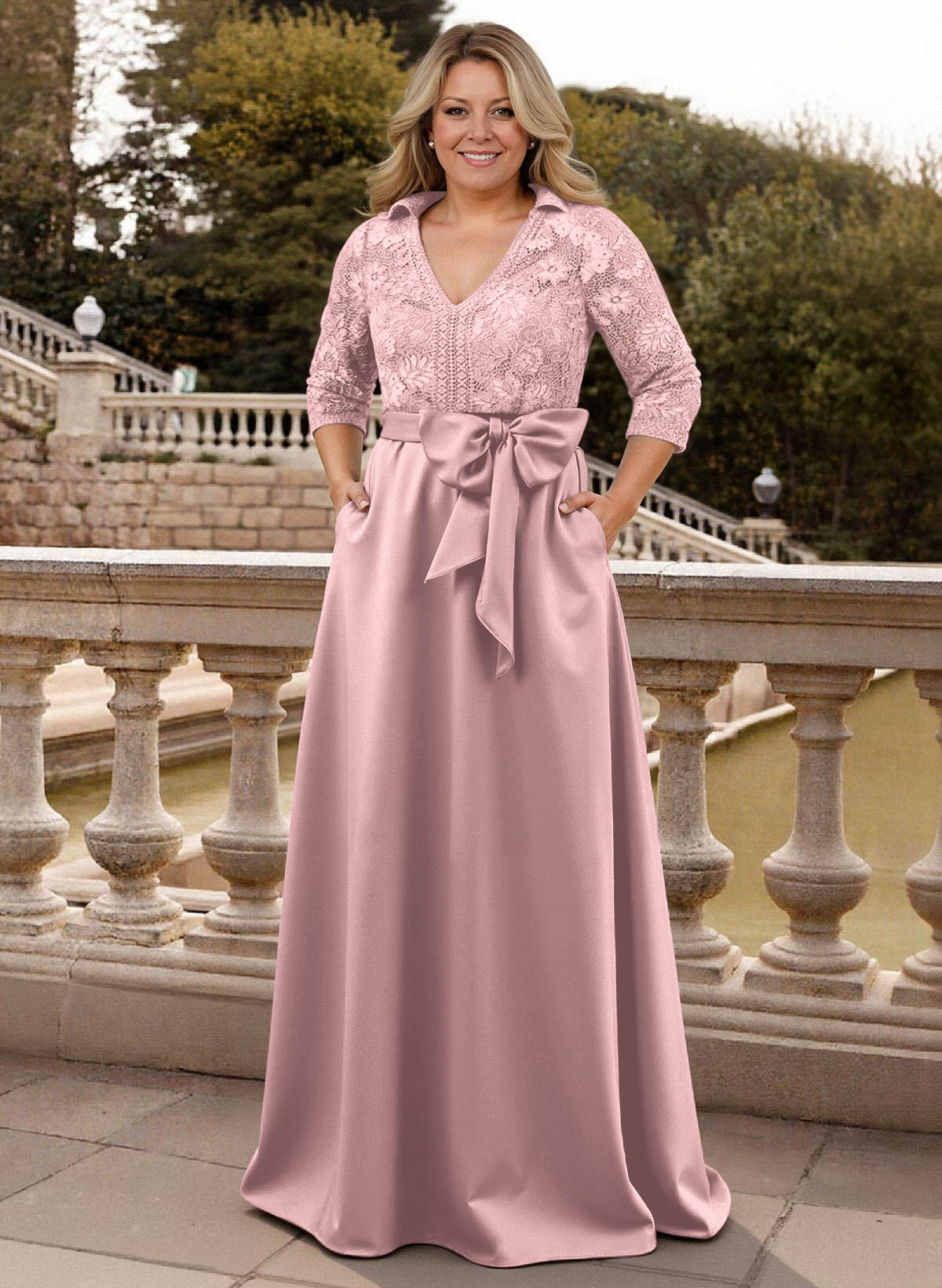 Classic V-Neck Bow Accented Satin Mother Of The Bride Dresses With Lace