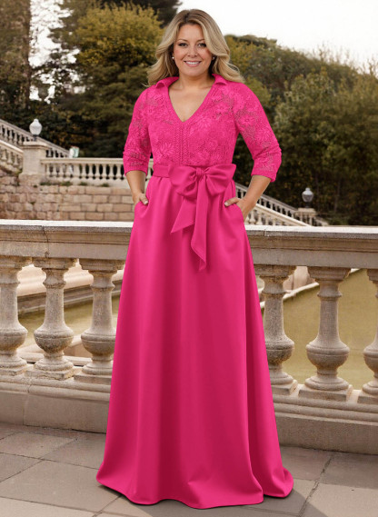 Classic V-Neck Bow Accented Satin Mother Of The Bride Dresses With Lace