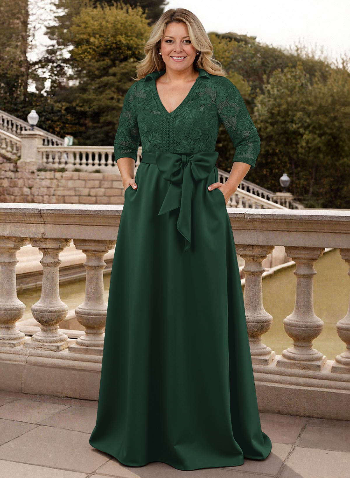 Classic V-Neck Bow Accented Satin Mother Of The Bride Dresses With Lace