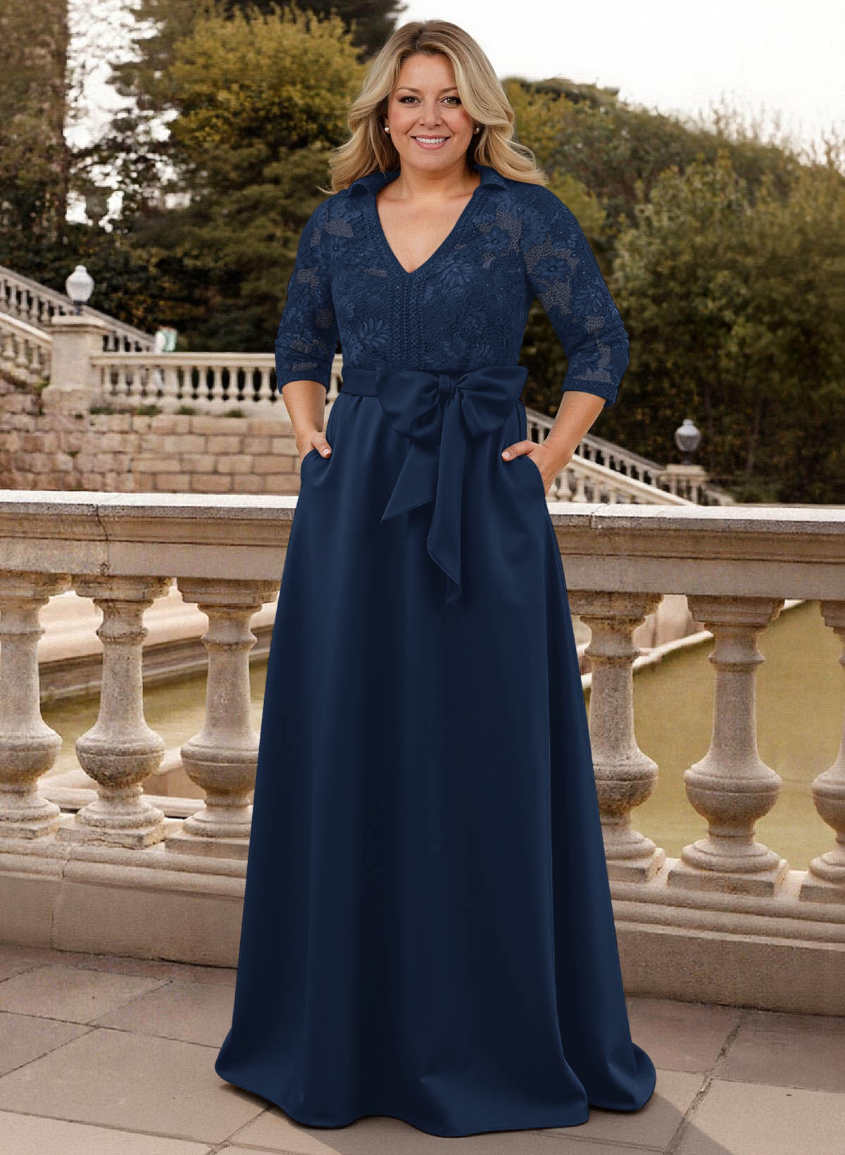 Classic V-Neck Bow Accented Satin Mother Of The Bride Dresses With Lace