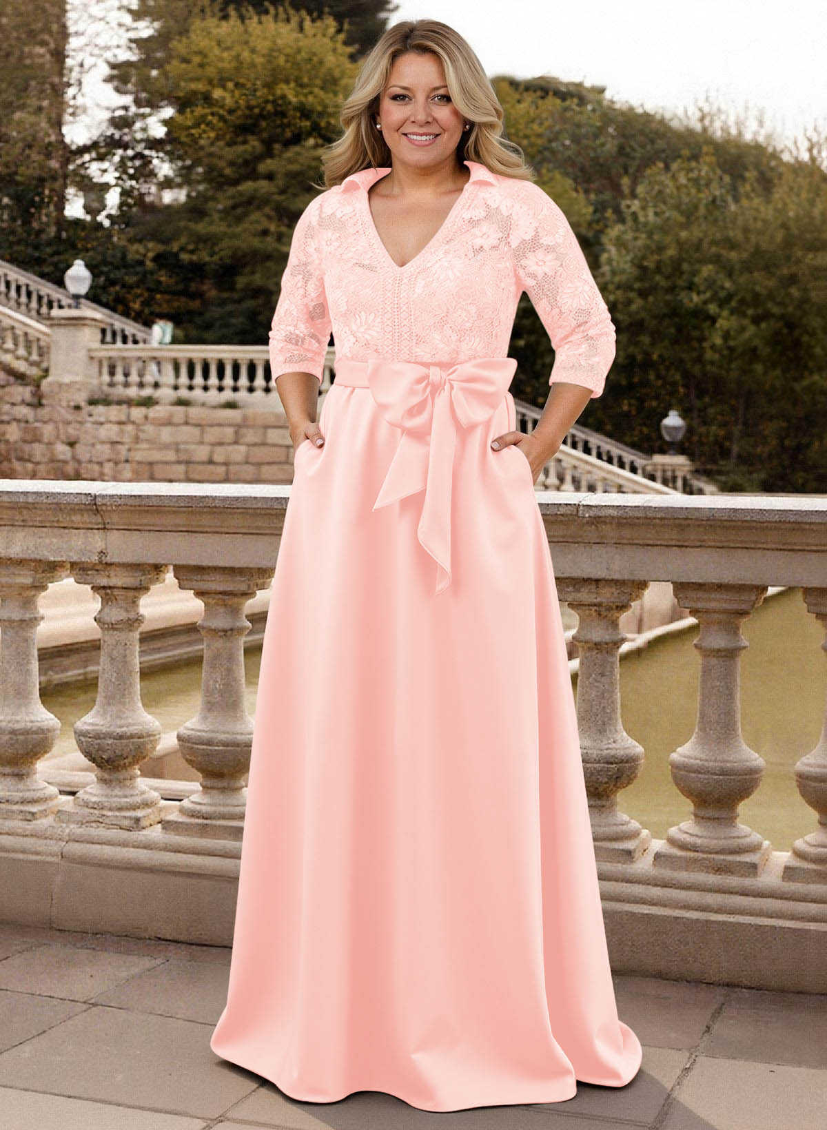 Classic V-Neck Bow Accented Satin Mother Of The Bride Dresses With Lace