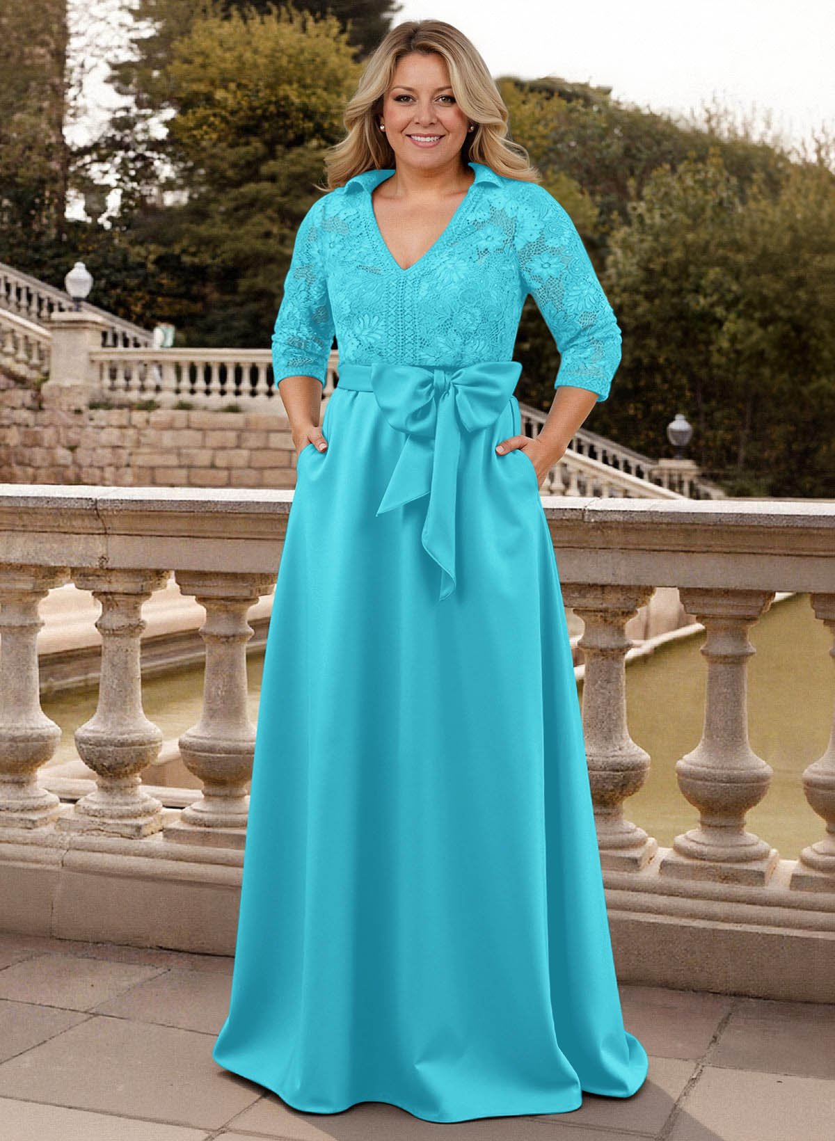 Classic V-Neck Bow Accented Satin Mother Of The Bride Dresses With Lace
