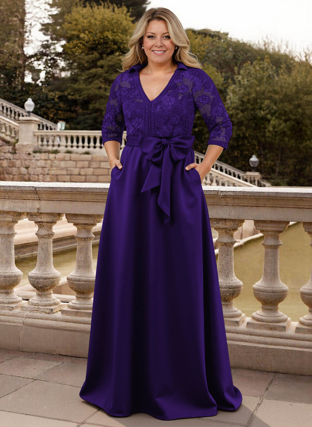 Classic V-Neck Bow Accented Satin Mother Of The Bride Dresses With Lace
