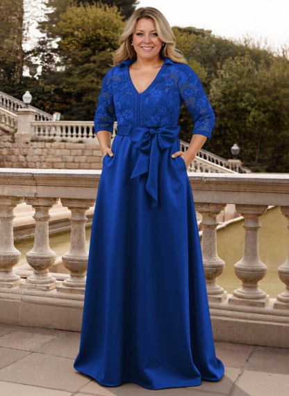 Classic V-Neck Bow Accented Satin Mother Of The Bride Dresses With Lace