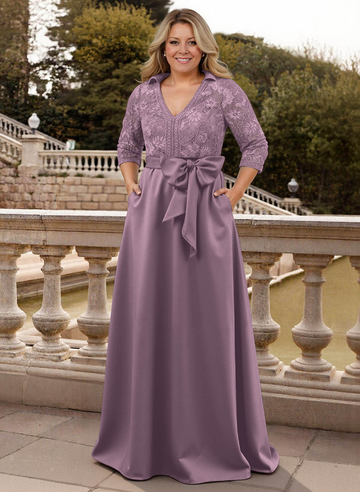 Classic V-Neck Bow Accented Satin Mother Of The Bride Dresses With Lace