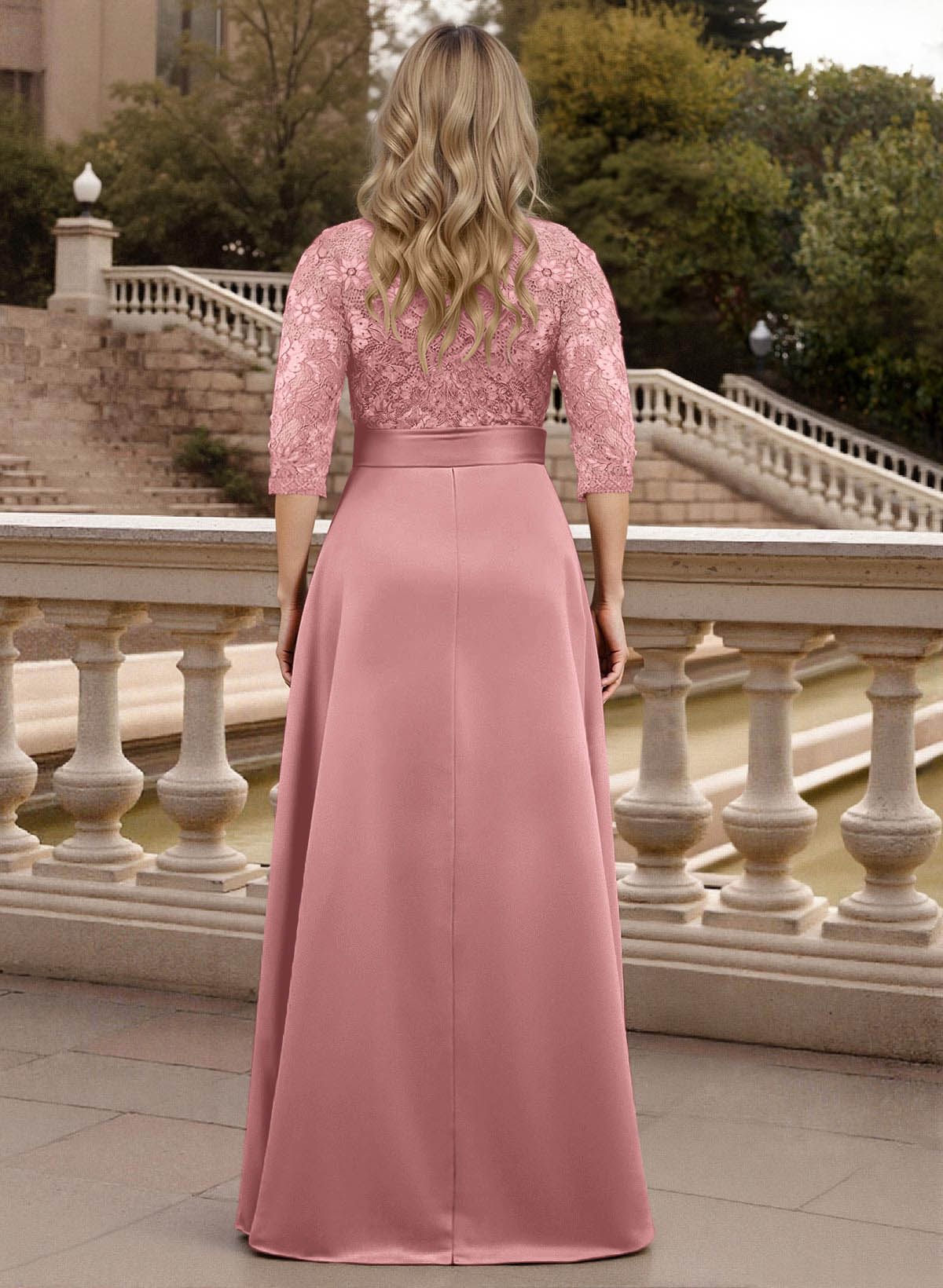Classic V-Neck Bow Accented Satin Mother Of The Bride Dresses With Lace
