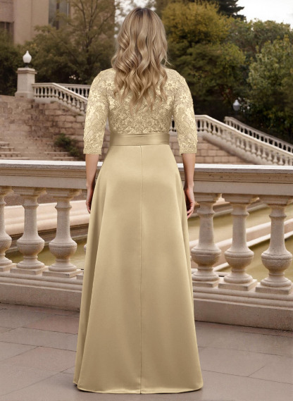 Classic V-Neck Bow Accented Satin Mother Of The Bride Dresses With Lace