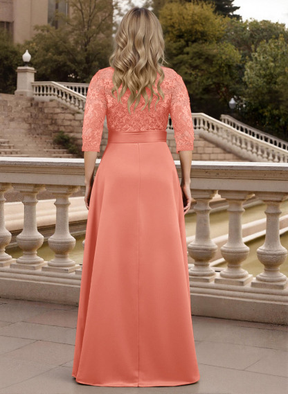 Classic V-Neck Bow Accented Satin Mother Of The Bride Dresses With Lace