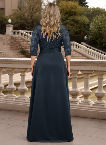 Classic V-Neck Bow Accented Satin Mother Of The Bride Dresses With Lace
