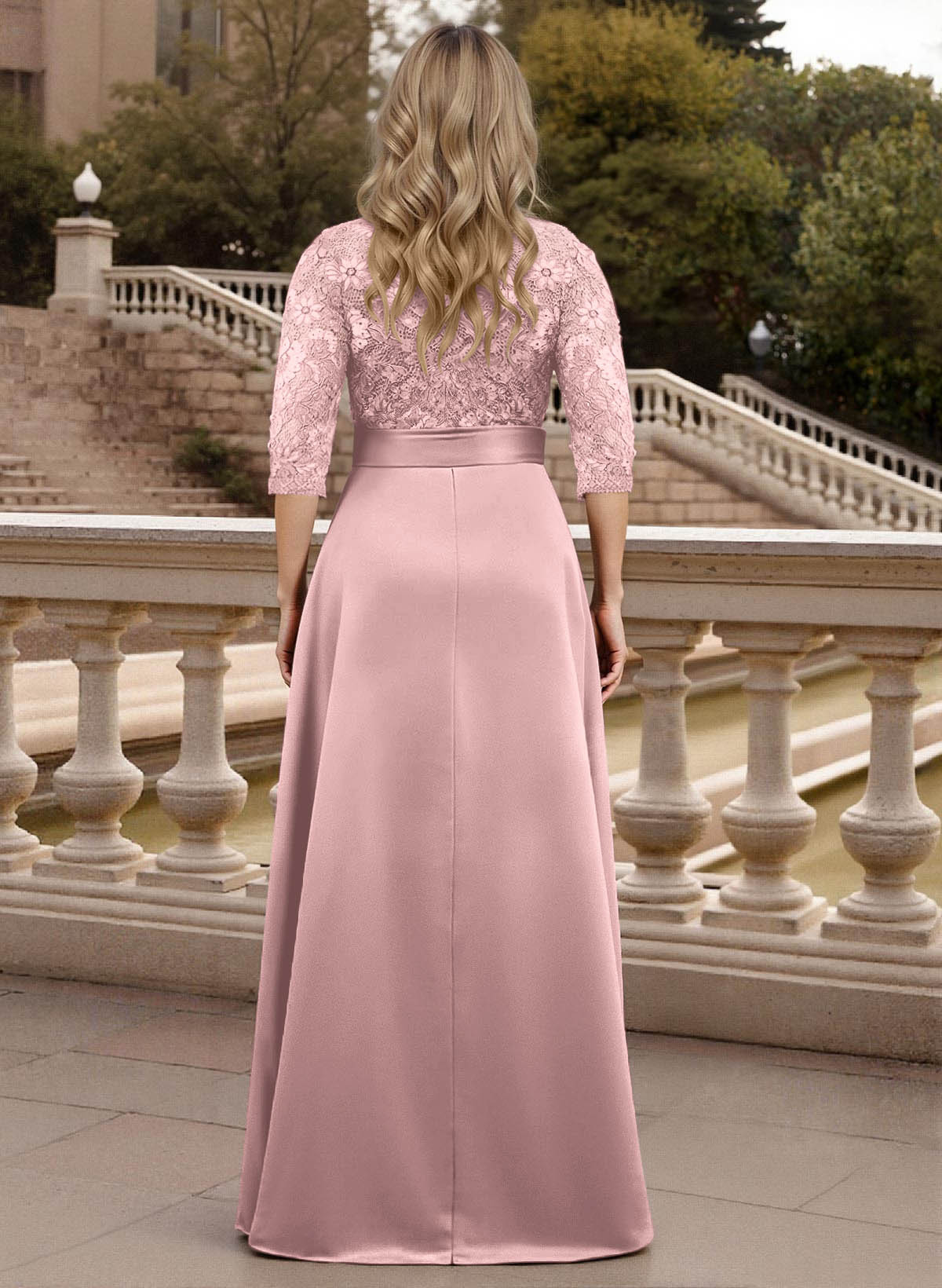 Classic V-Neck Bow Accented Satin Mother Of The Bride Dresses With Lace