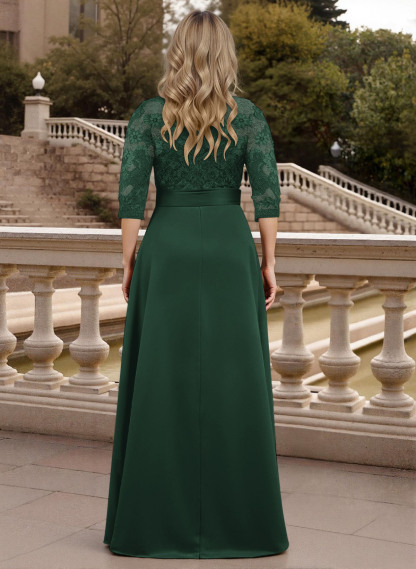 Classic V-Neck Bow Accented Satin Mother Of The Bride Dresses With Lace