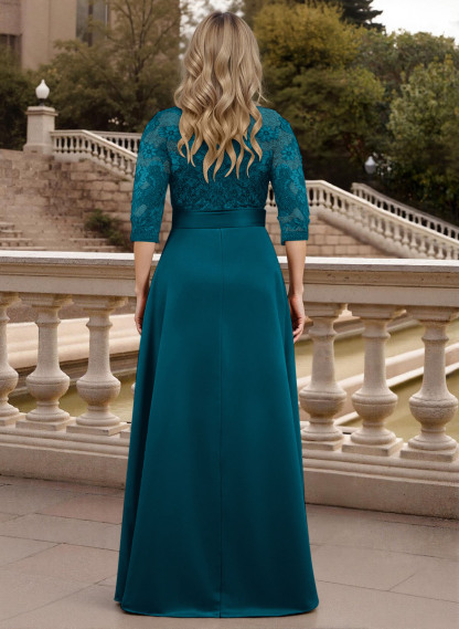 Classic V-Neck Bow Accented Satin Mother Of The Bride Dresses With Lace