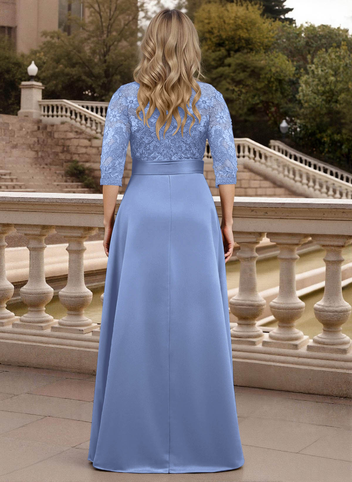 Classic V-Neck Bow Accented Satin Mother Of The Bride Dresses With Lace