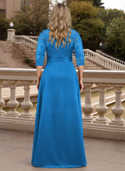 Classic V-Neck Bow Accented Satin Mother Of The Bride Dresses With Lace