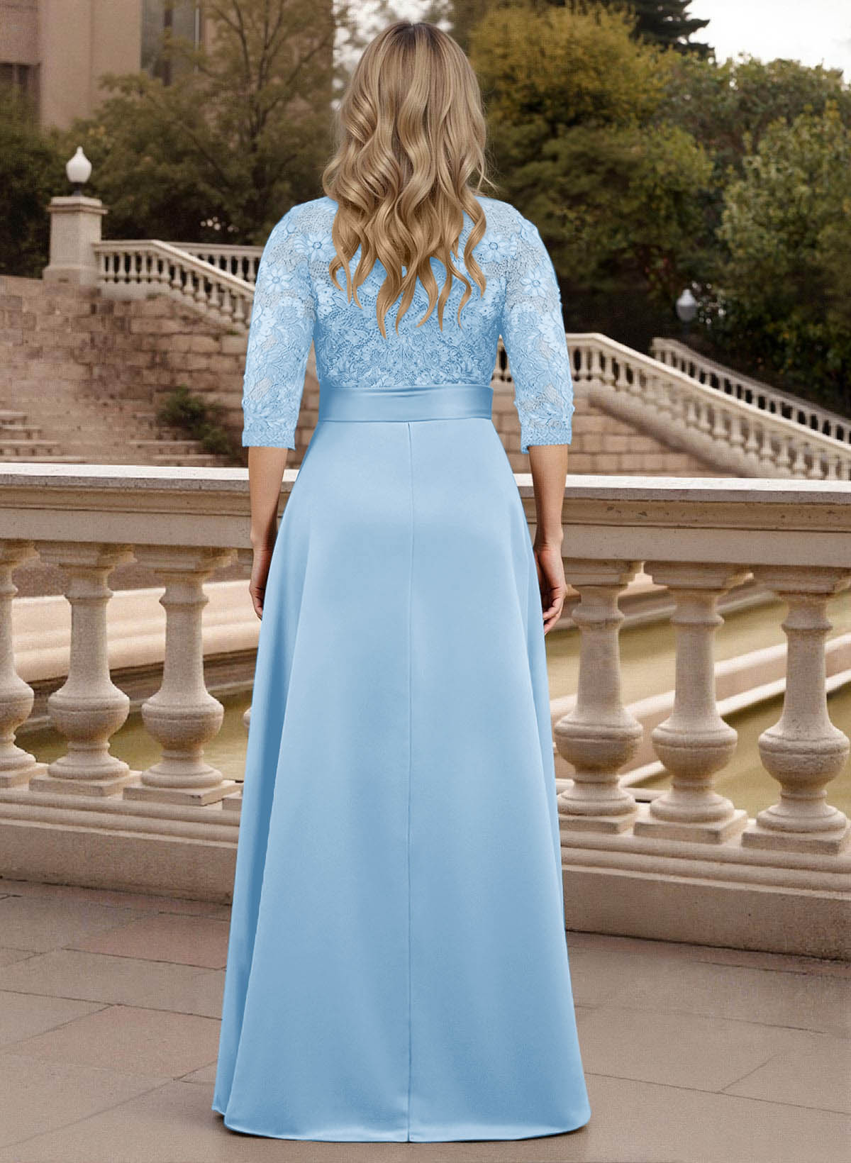 Classic V-Neck Bow Accented Satin Mother Of The Bride Dresses With Lace