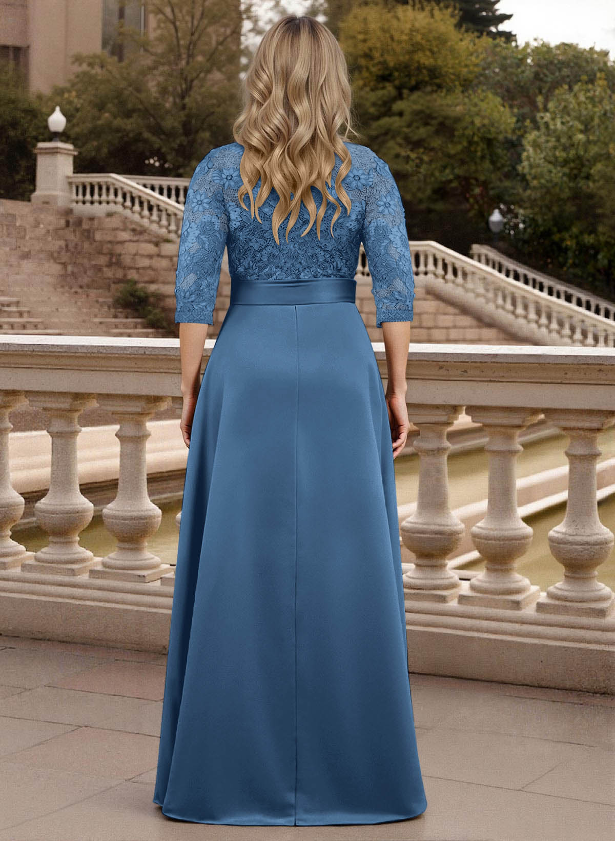 Classic V-Neck Bow Accented Satin Mother Of The Bride Dresses With Lace