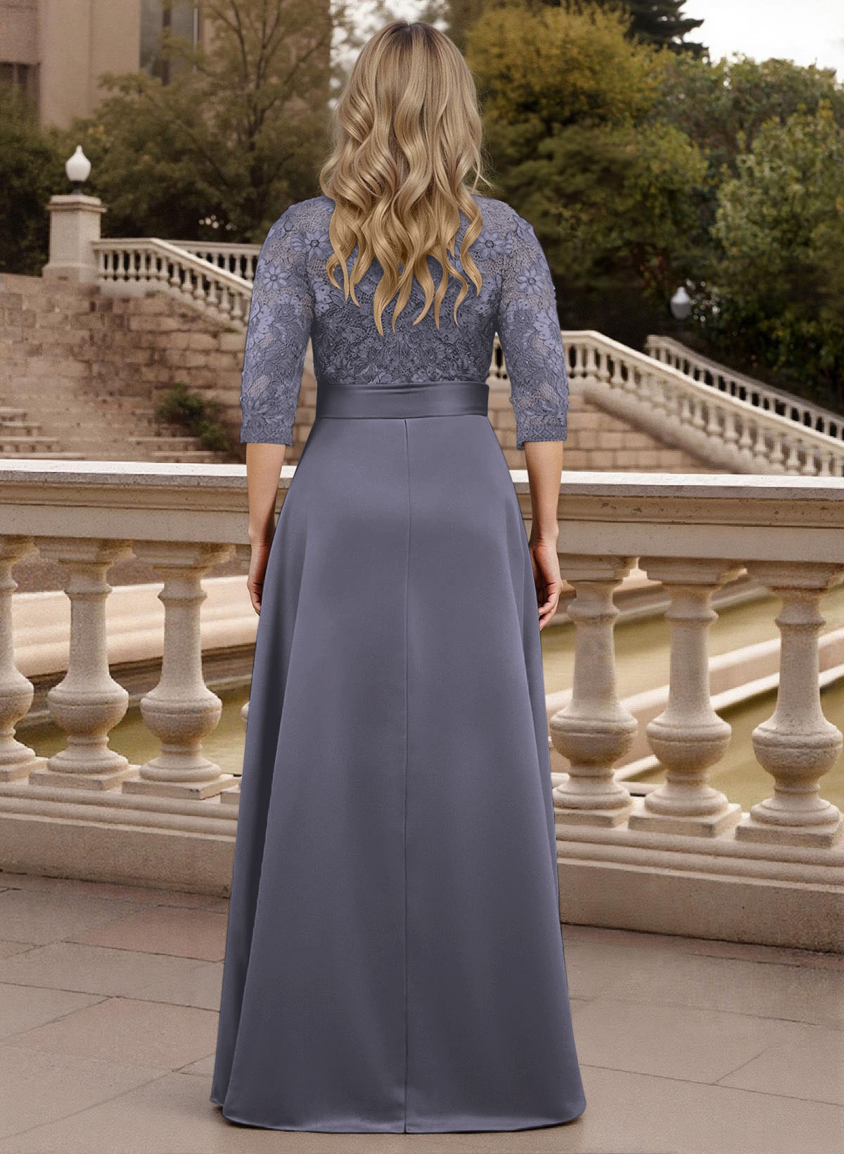 Classic V-Neck Bow Accented Satin Mother Of The Bride Dresses With Lace