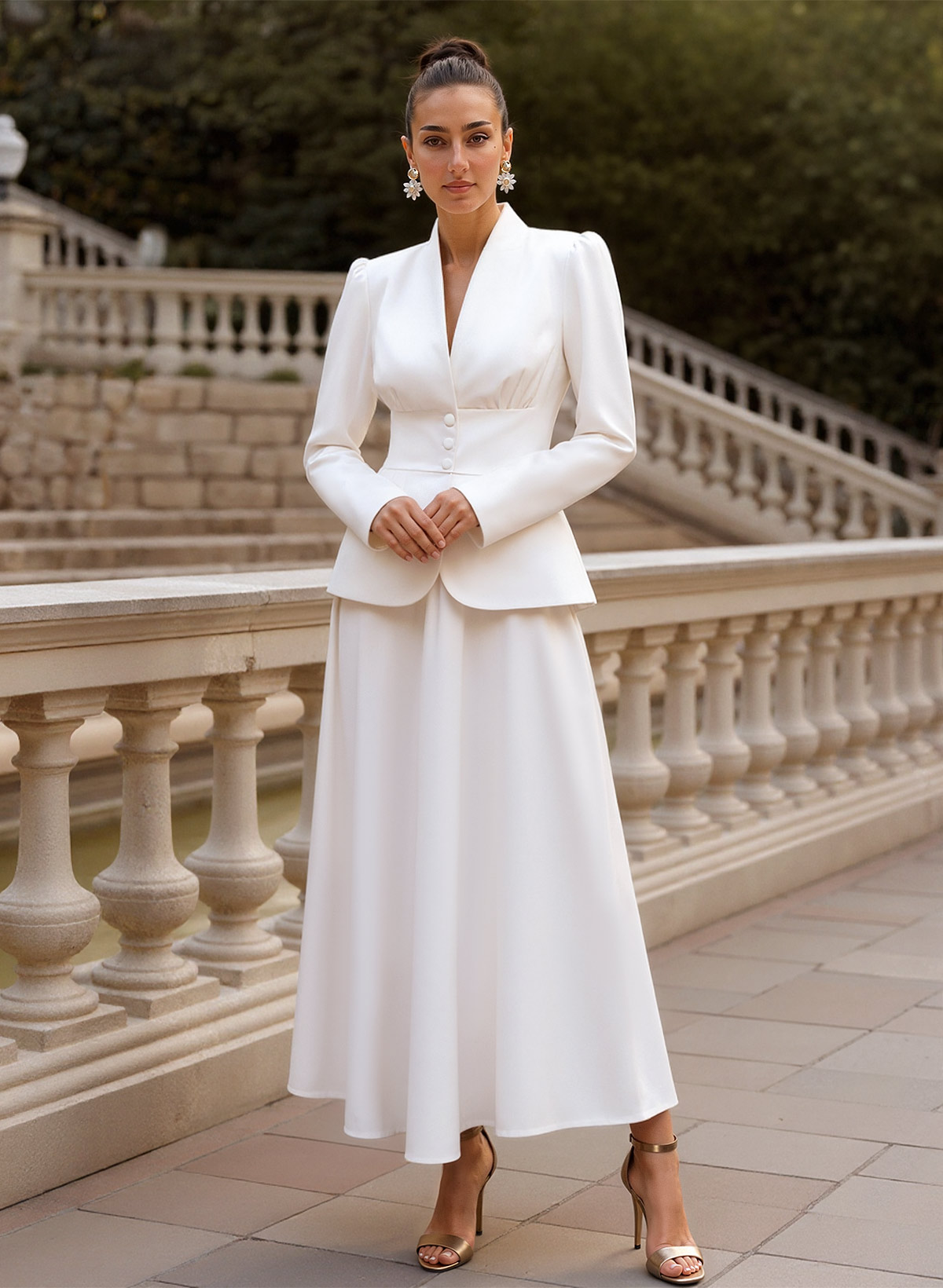 Two Pieces A-Line V-Neck Long Sleeves Ankle-Length Elastic Satin Mother Of The Bride Dresses