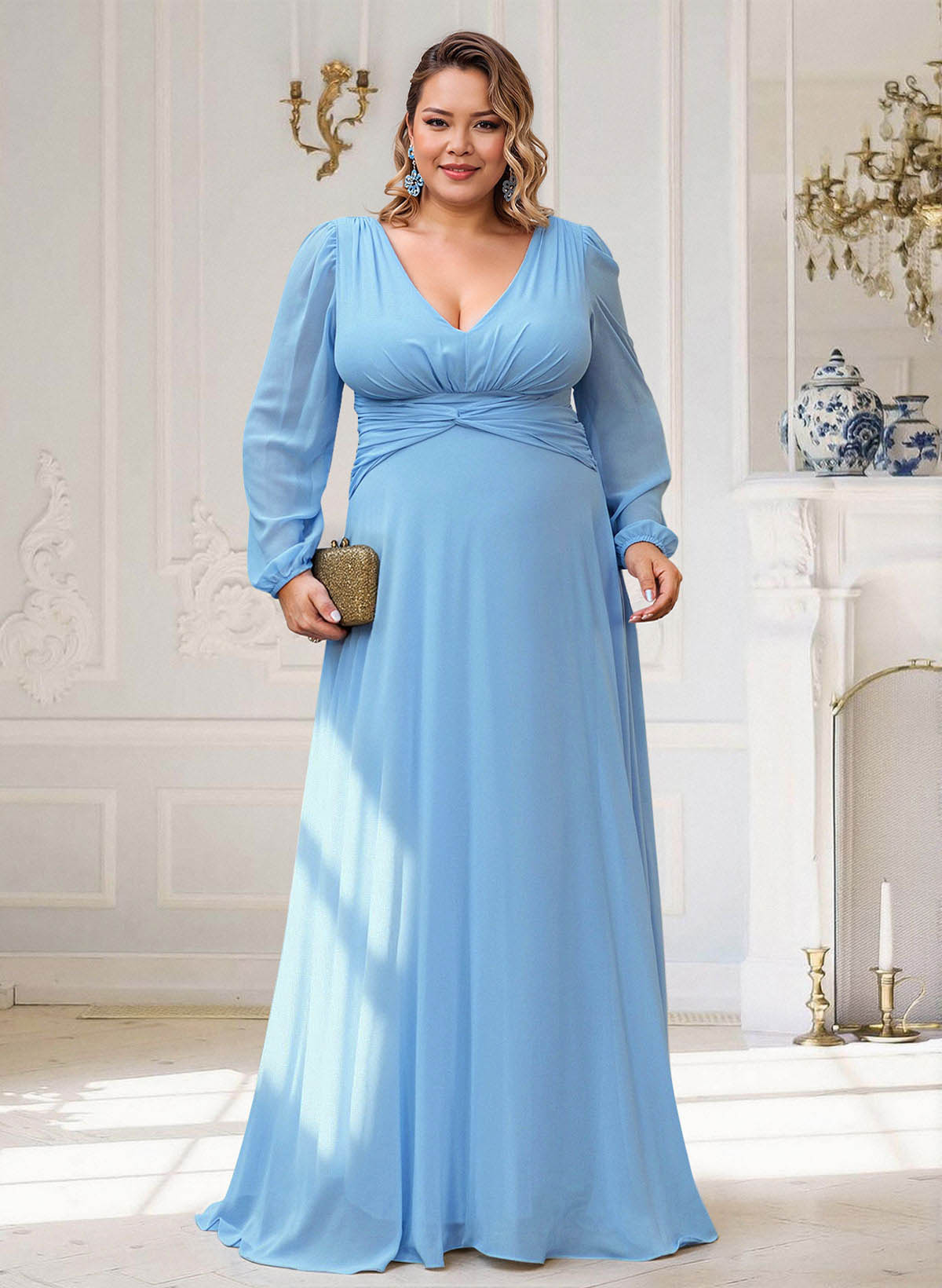 Elegant V-Neck Long Sleeves A-Line Floor-Length Chiffon Evening Dresses, supplier image 1