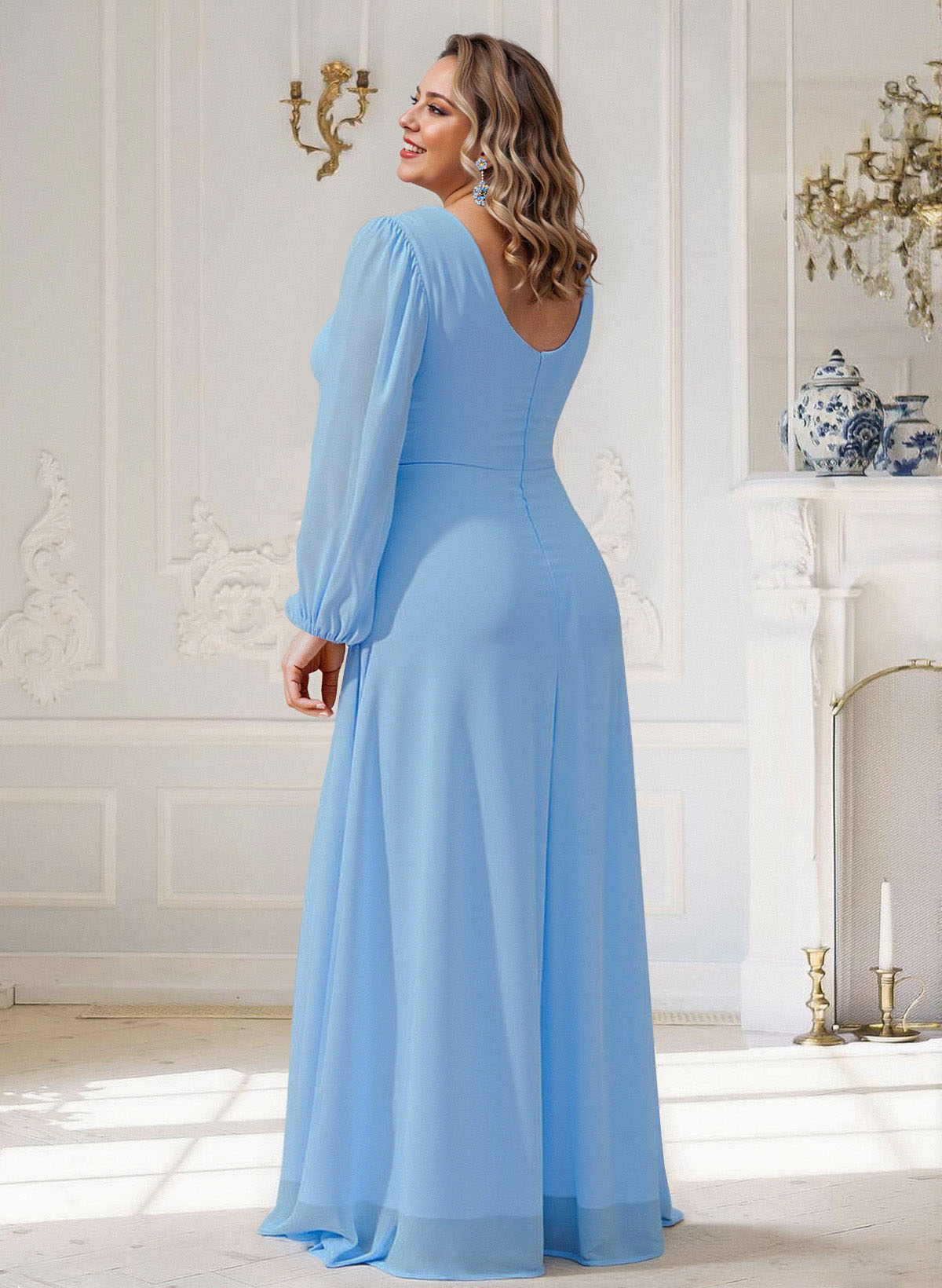 Elegant V-Neck Long Sleeves A-Line Floor-Length Chiffon Evening Dresses, supplier image 2