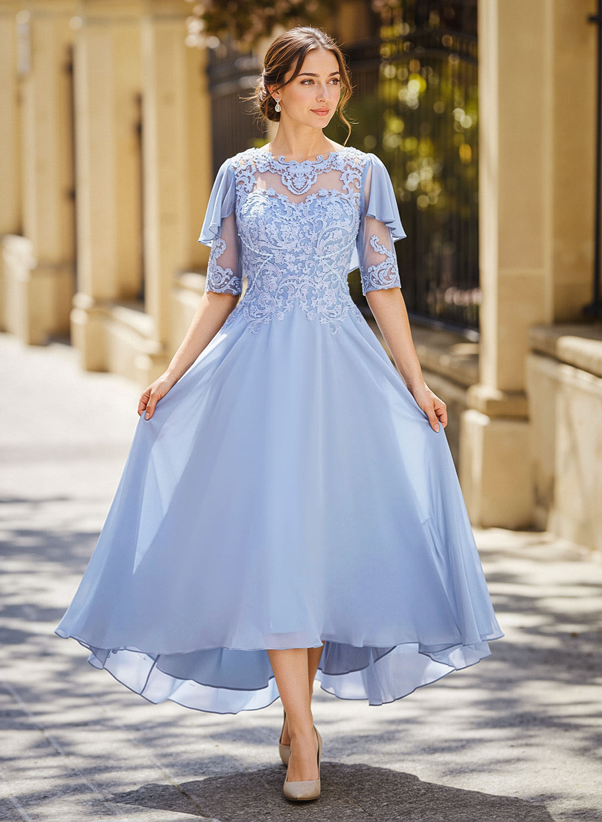 Illusion Neck 1/2 Sleeves A-Line Ankle-Length Chiffon Mother Of The Bride Dresses