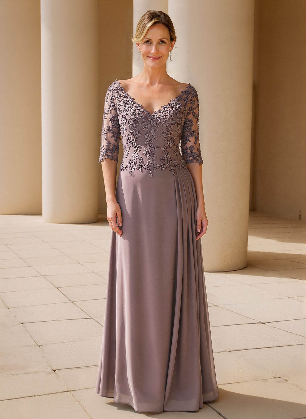 Elegant V-Neck 1/2 Sleeves Floor-Length Lace/Chiffon Mother Of The Bride Dresses With Pleated