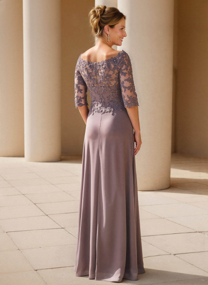 Elegant V-Neck 1/2 Sleeves Floor-Length Lace/Chiffon Mother Of The Bride Dresses With Pleated