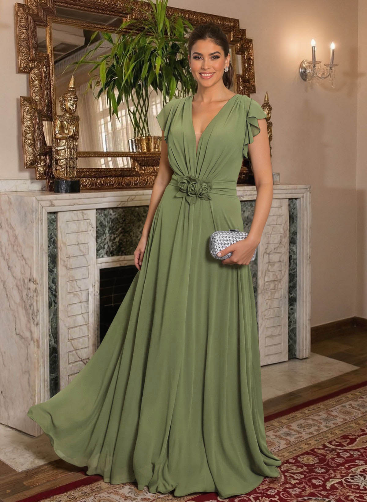 V-Neck Short Sleeves A-Line Floor-Length Chiffon Mother Of The Bride Dresses With Ruffle/Flower(s)