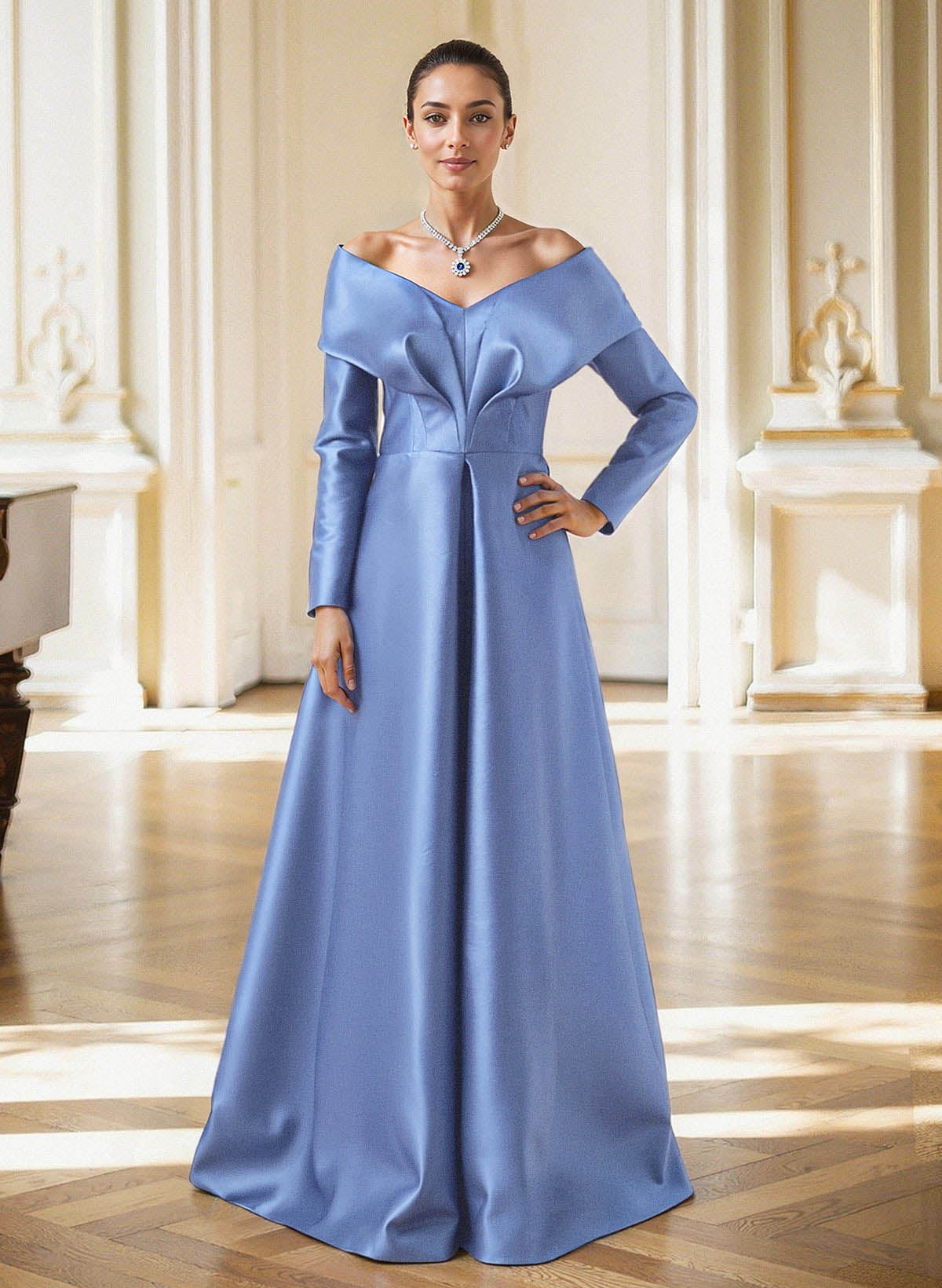 Elegant Off-The-Shoulder Long Sleeves A-Line Floor-Length Satin Evening Dresses With Pleated in Light Blue, US2
