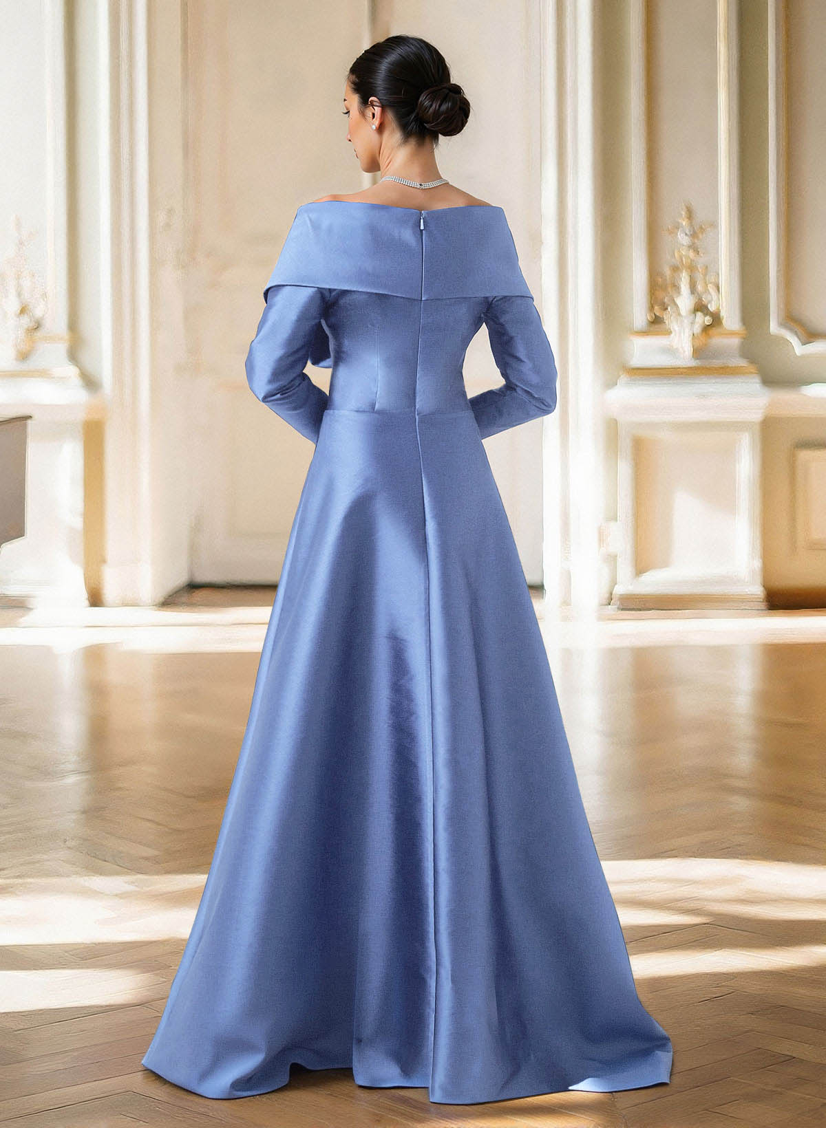 Elegant Off-The-Shoulder Long Sleeves A-Line Floor-Length Satin Evening Dresses With Pleated, supplier image 2