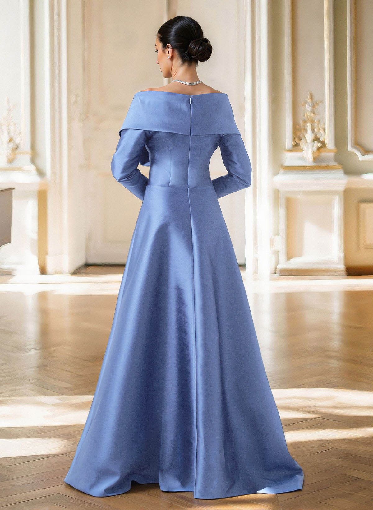 Elegant Off-The-Shoulder Long Sleeves A-Line Floor-Length Satin Evening Dresses With Pleated, supplier image 2