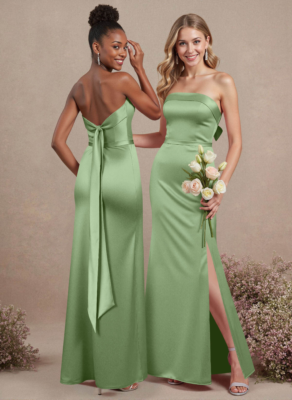 A-Line Strapless Sleeveless Floor-Length Satin Bridesmaid Dresses With Bow(s), product image 84