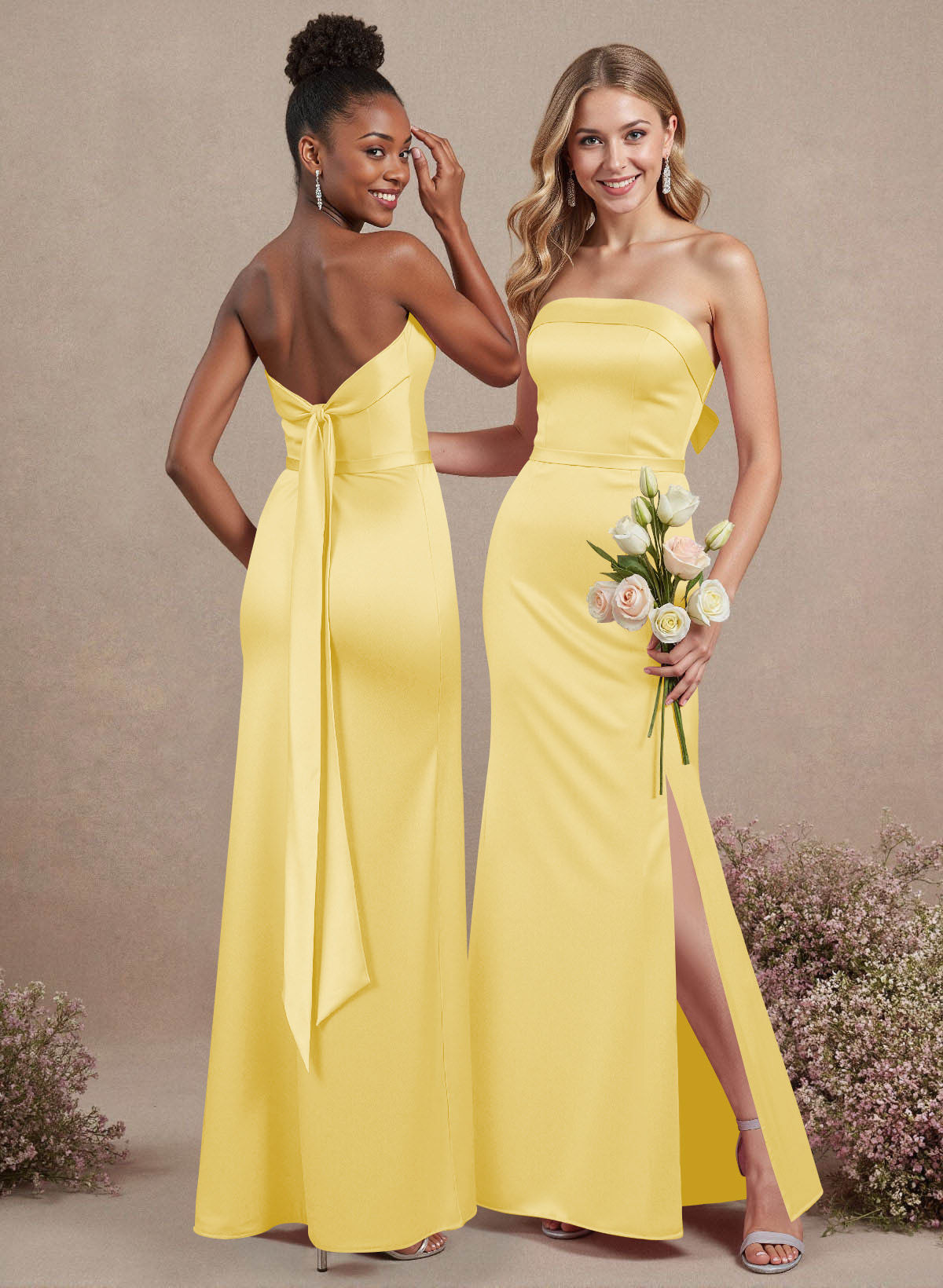 A-Line Strapless Sleeveless Floor-Length Satin Bridesmaid Dresses With Bow(s), product image 96