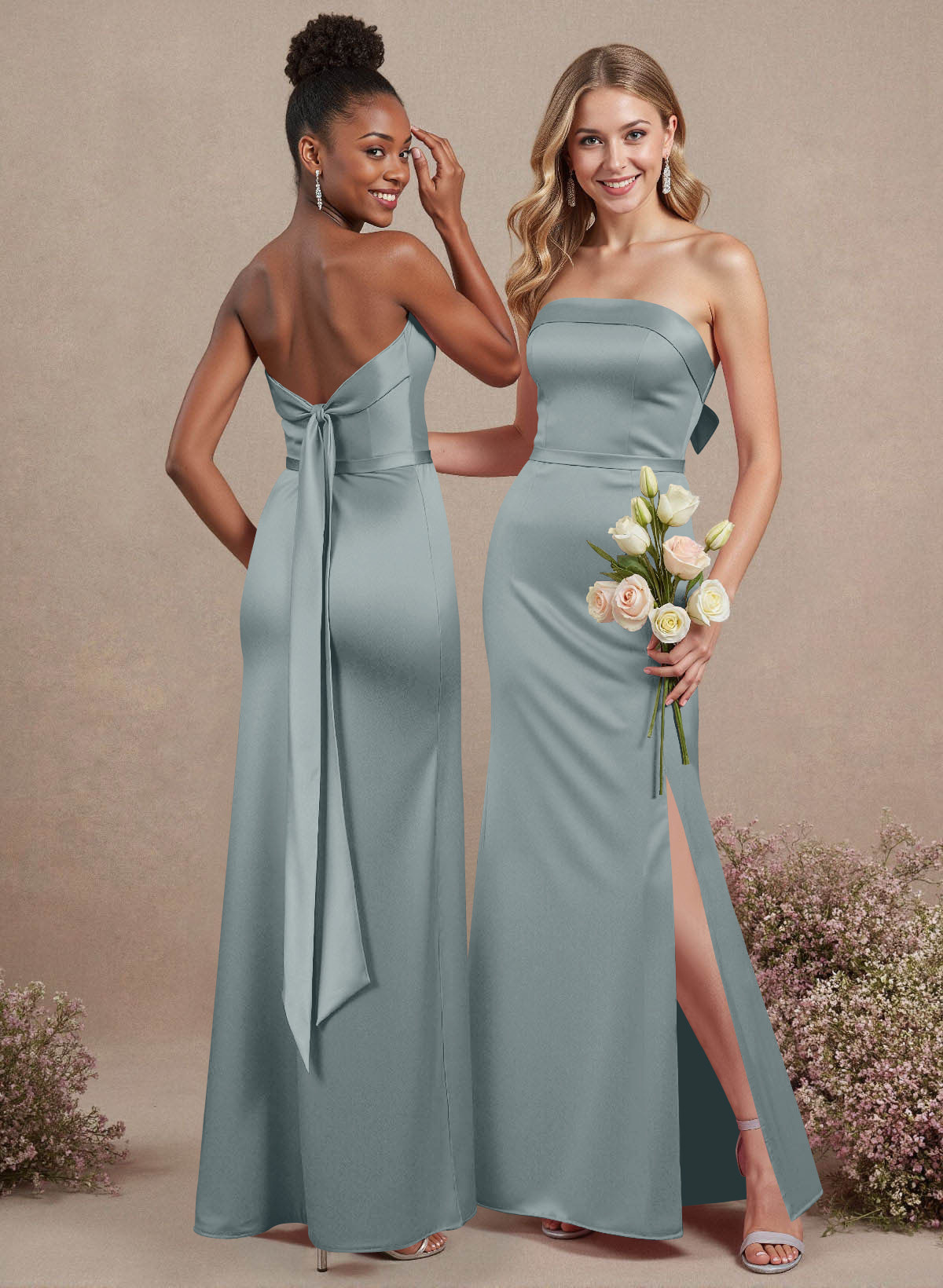A-Line Strapless Sleeveless Floor-Length Satin Bridesmaid Dresses With Bow(s), product image 8
