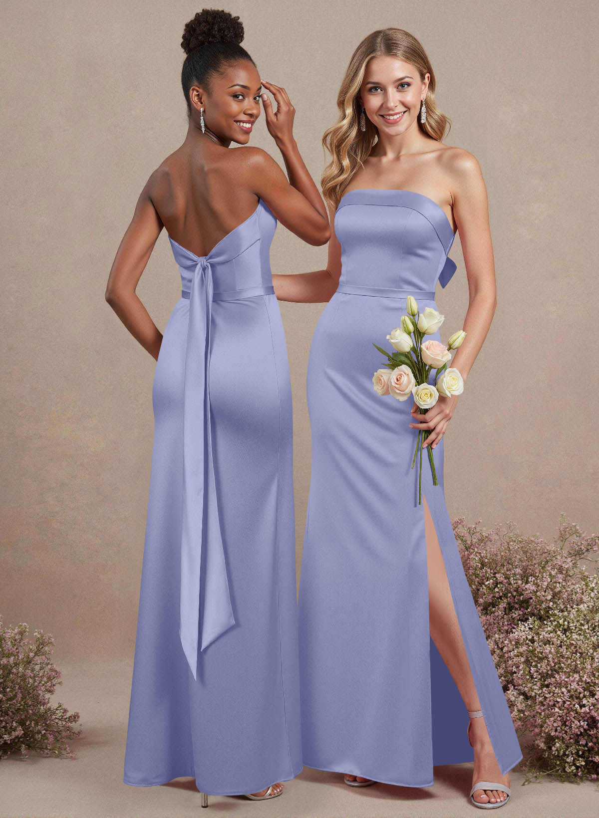 A-Line Strapless Sleeveless Floor-Length Satin Bridesmaid Dresses With Bow(s), product image 64