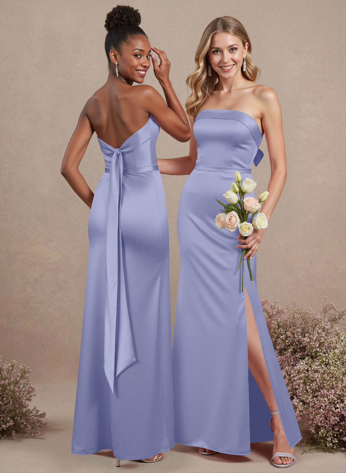 A-Line Strapless Sleeveless Floor-Length Satin Bridesmaid Dresses With Bow(s), product image 64