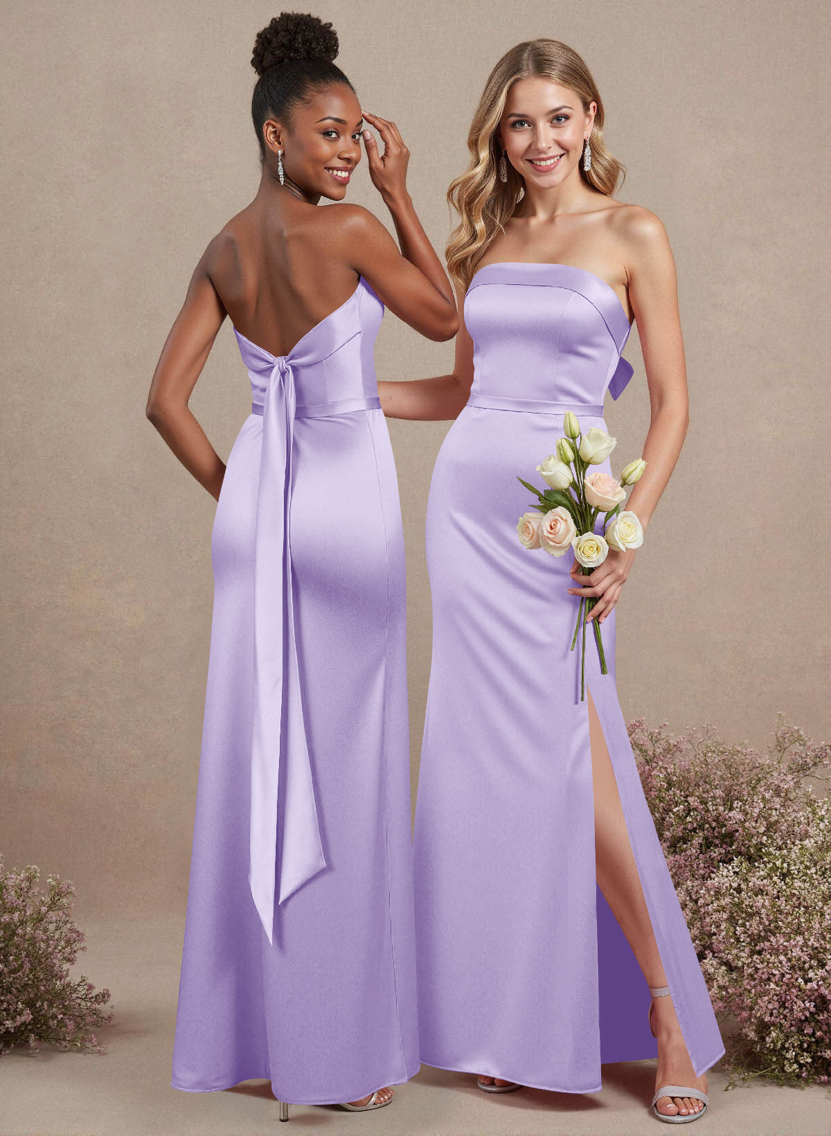 A-Line Strapless Sleeveless Floor-Length Satin Bridesmaid Dresses With Bow(s), product image 62